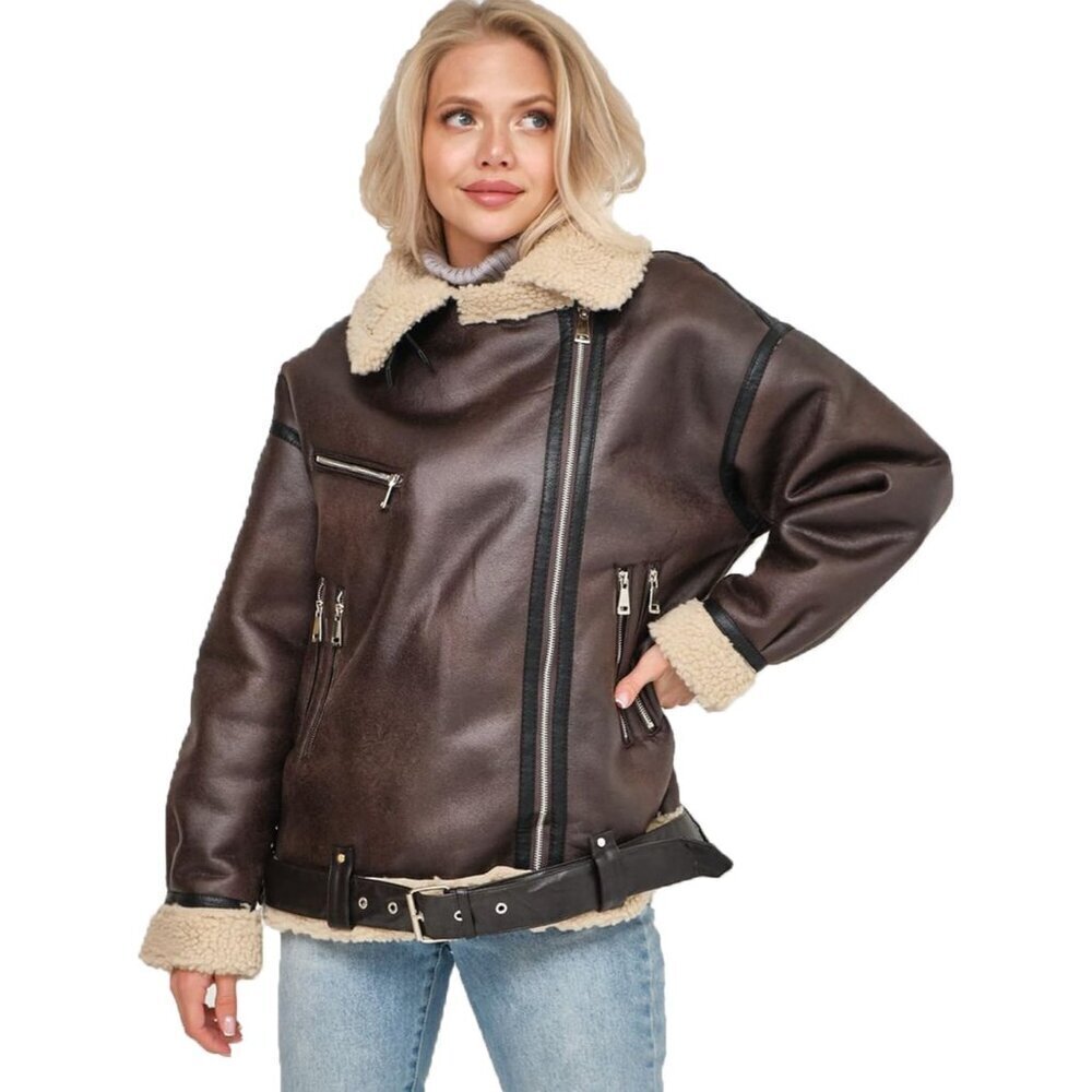🆕Women brown LY VAREY LIN Faux Leather Sherpa Aviator Bomber Jacket